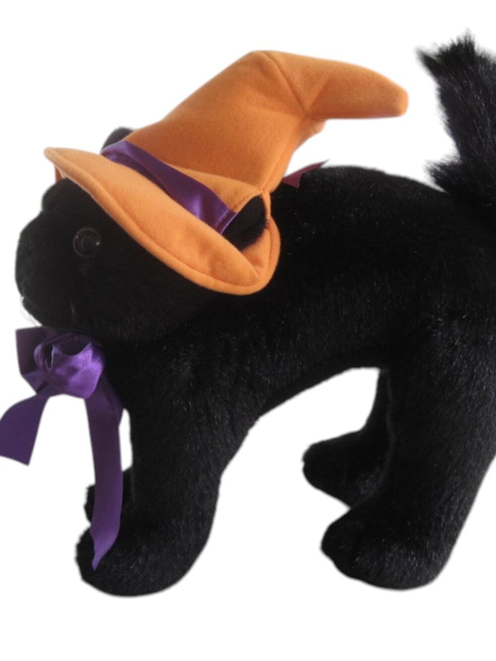Vintage Y2K Plush Black Cat with Witch Hat Fluffy Tail Arched Back HALLOWEEN 12"